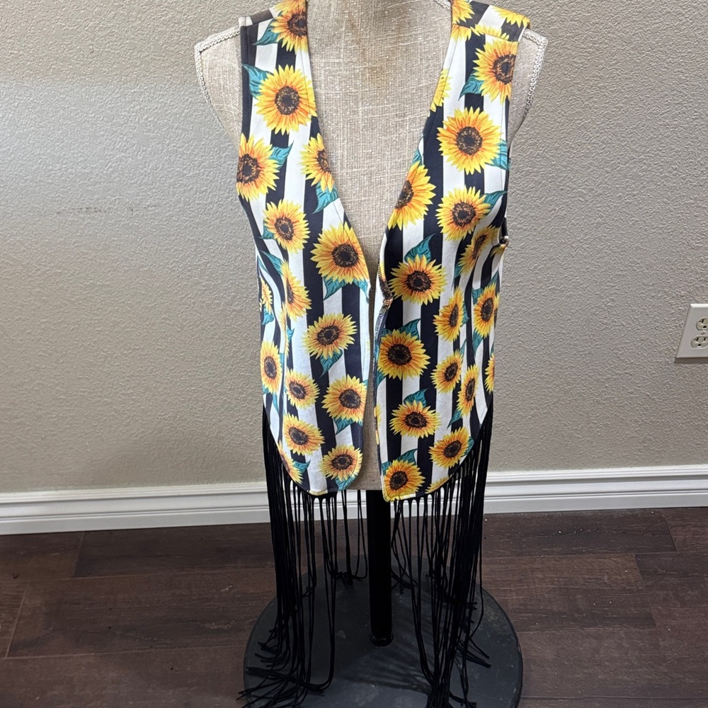 Sunflower Print Vest with Fringe